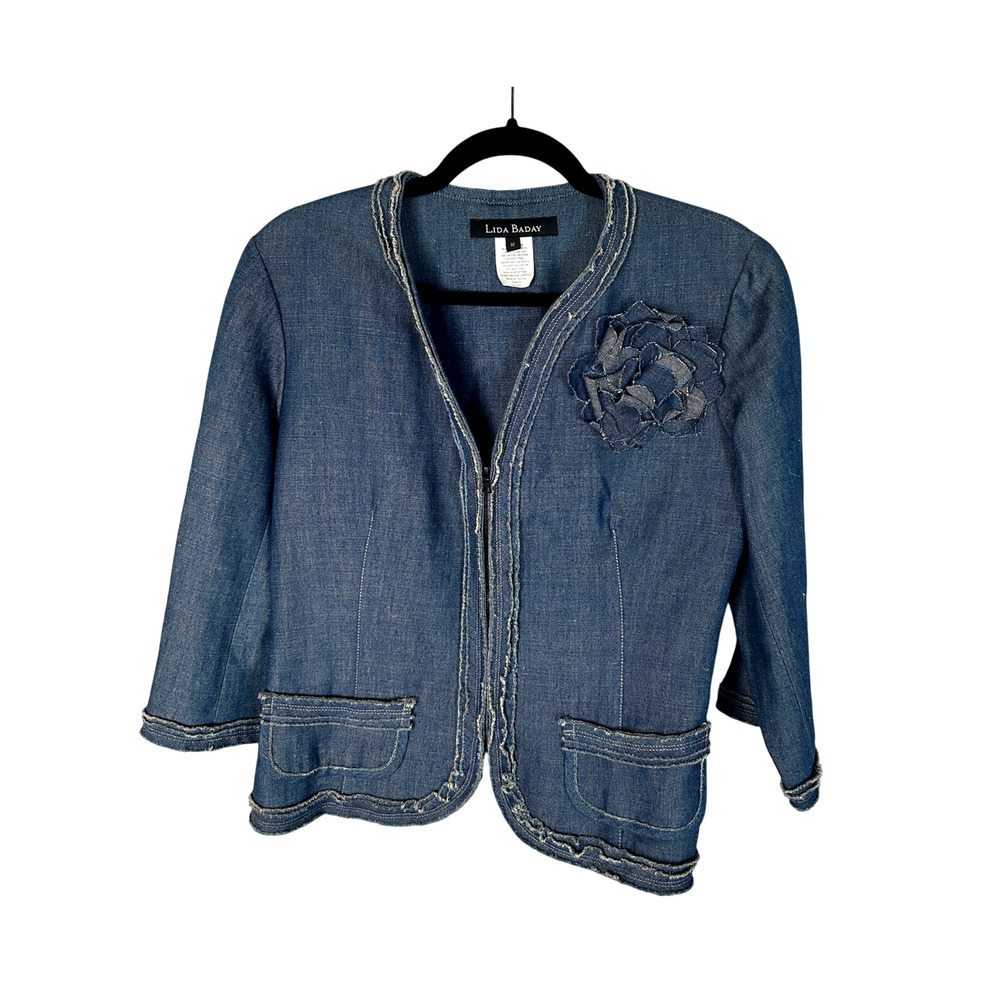 Neiman Marcus 10 Lida Baday Linen Denim 2 Piece Suit Set Jacket Skirt Flower Pin - Picture 4 of 15